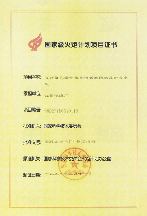 國家級火炬計劃項目證書
