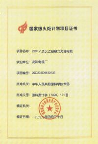 國家級火炬計劃項目證書